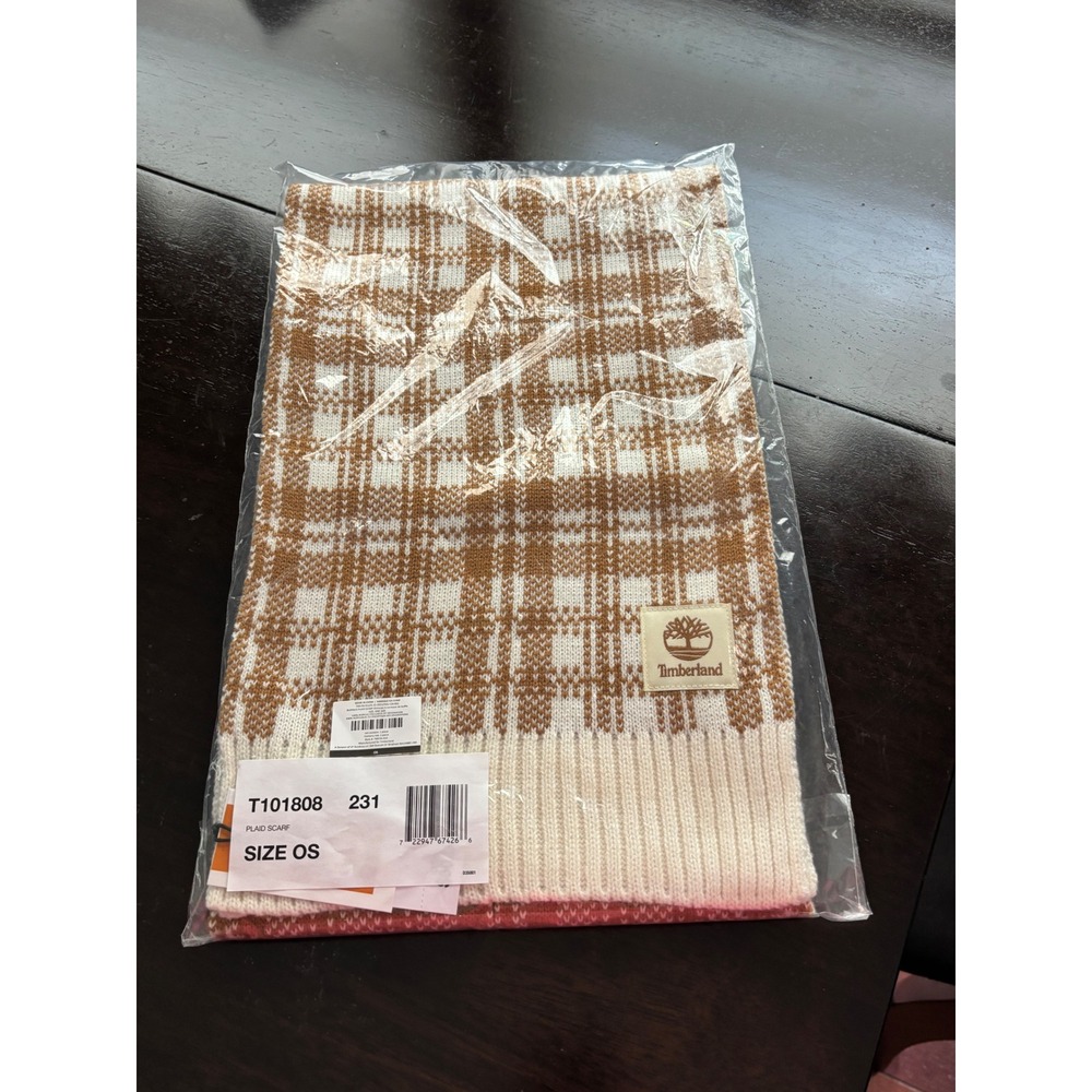 Timberland Plaid Scarf Tan Cream Knit Winter Scarf T101808 OS NEW